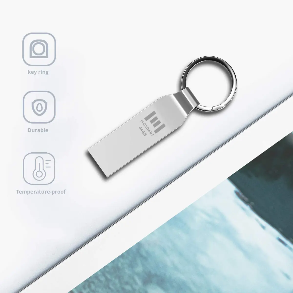 mosDART 2pcs 64GB Metal USB 2.0 Flash Drive Waterproof with Keychain, Silver | Compact Data Storage - view 8