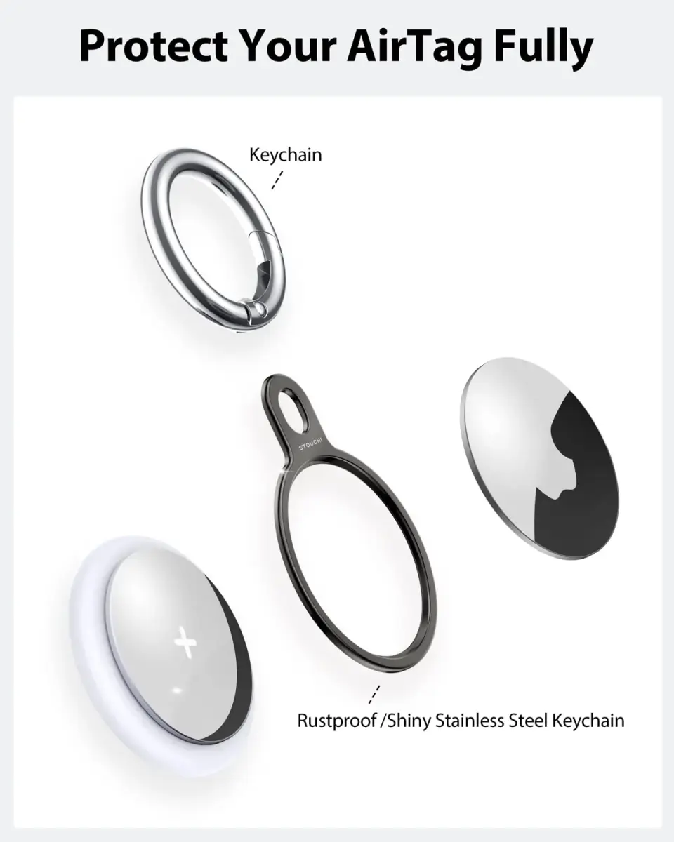 Stouchi Aluminium AirTag Holder Key Ring with Keychain & Rope | 2 Packs, Grey+Silver - view 4