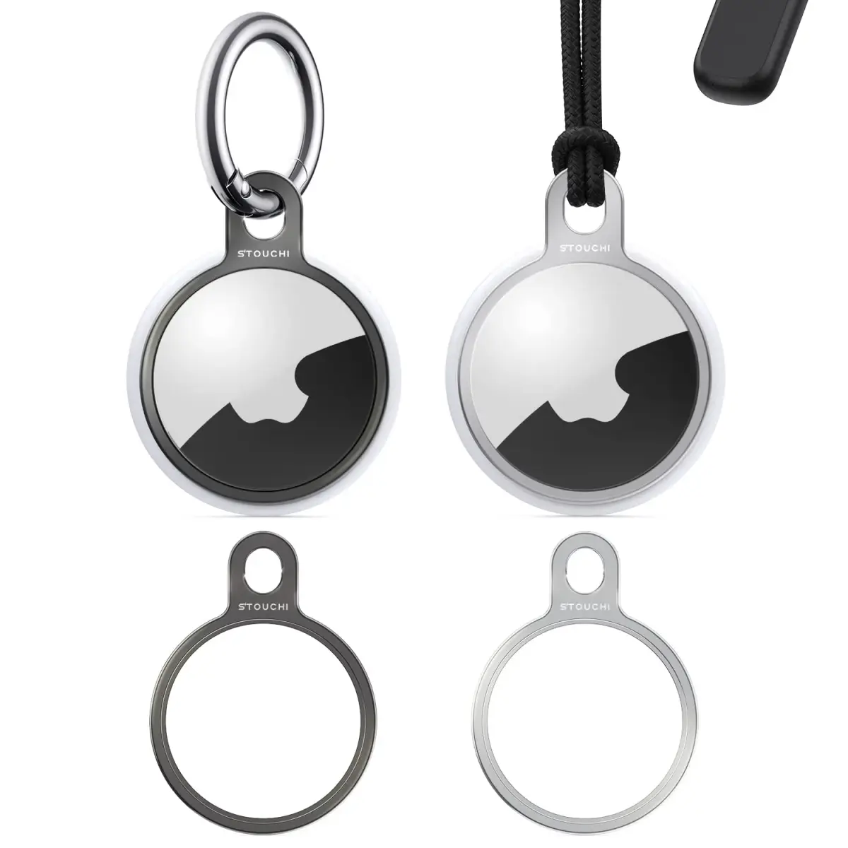 Stouchi Aluminium AirTag Holder Key Ring with Keychain & Rope | 2 Packs, Grey+Silver - main product image