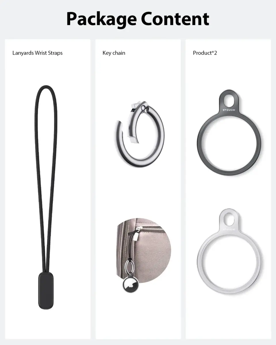 Stouchi Aluminium AirTag Holder Key Ring with Keychain & Rope | 2 Packs, Grey+Silver - view 2
