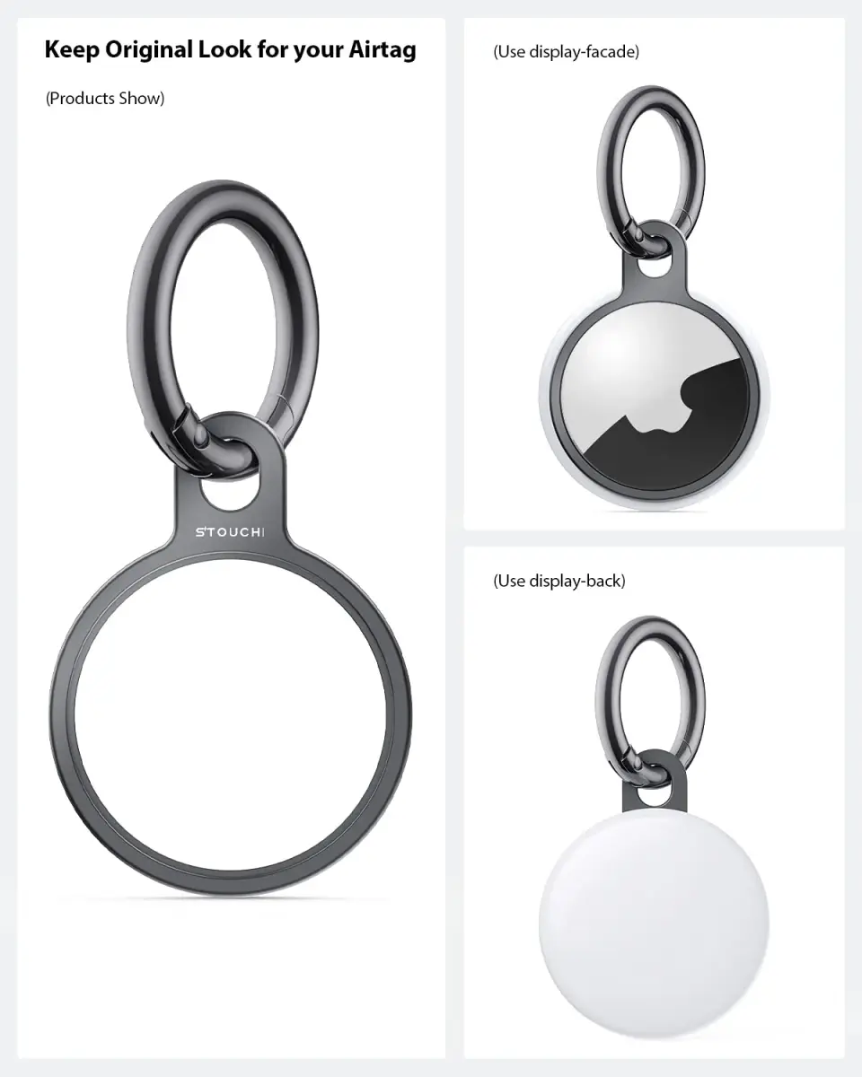 Stouchi Aluminium AirTag Holder Key Ring with Keychain & Rope | 2 Packs, Grey+Silver - view 3