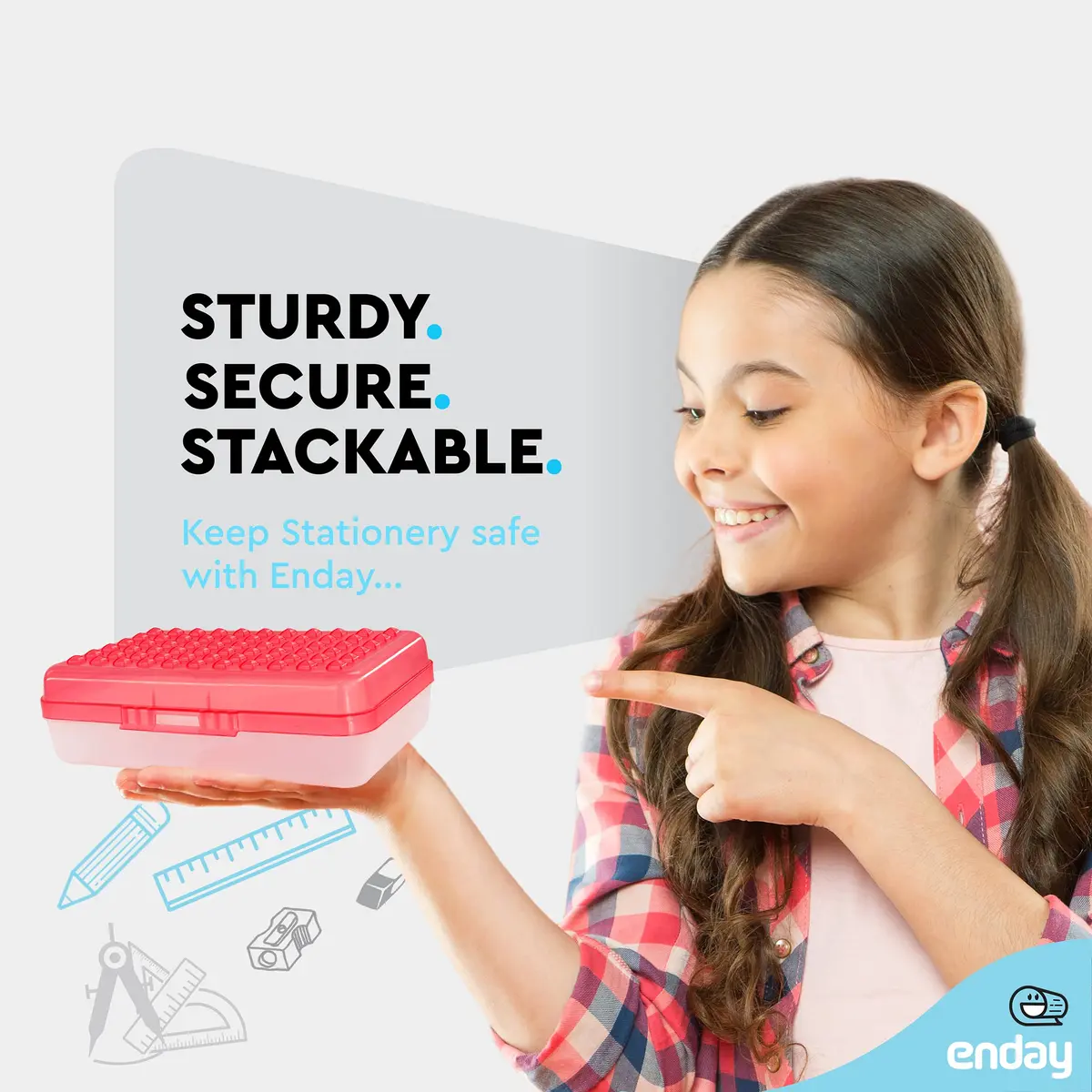 Enday Red Plastic Pencil Box with Small Dots Design, 22 cm (8.75" x 5.25" x 2.5") | Stackable Organizer for Students & Adults - view 2