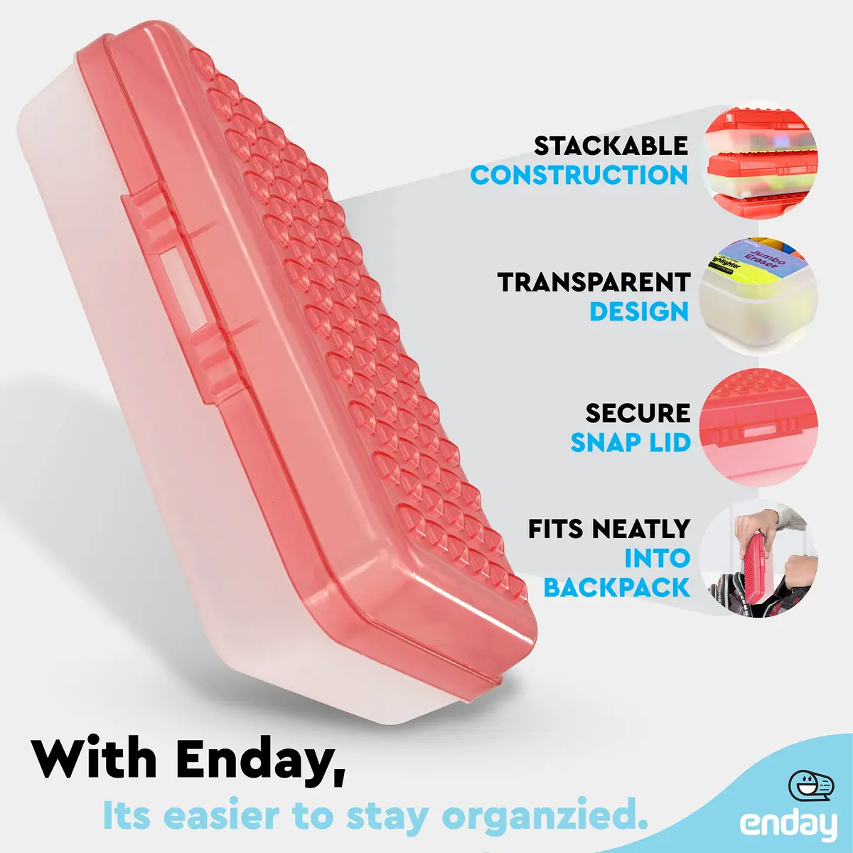 Enday Red Plastic Pencil Box with Small Dots Design, 22 cm (8.75" x 5.25" x 2.5") | Stackable Organizer for Students & Adults - view 3