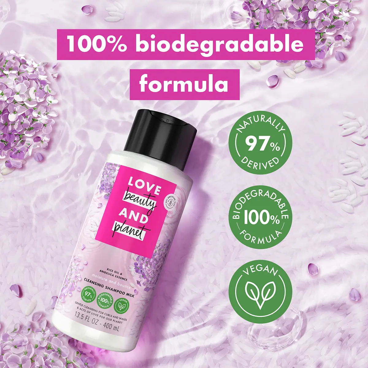 Love Beauty and Planet Rice Oil & Angelica Essence Shampoo Milk for Waves & Curls 13.5 oz | Biodegradable & Sulfate-Free - view 2