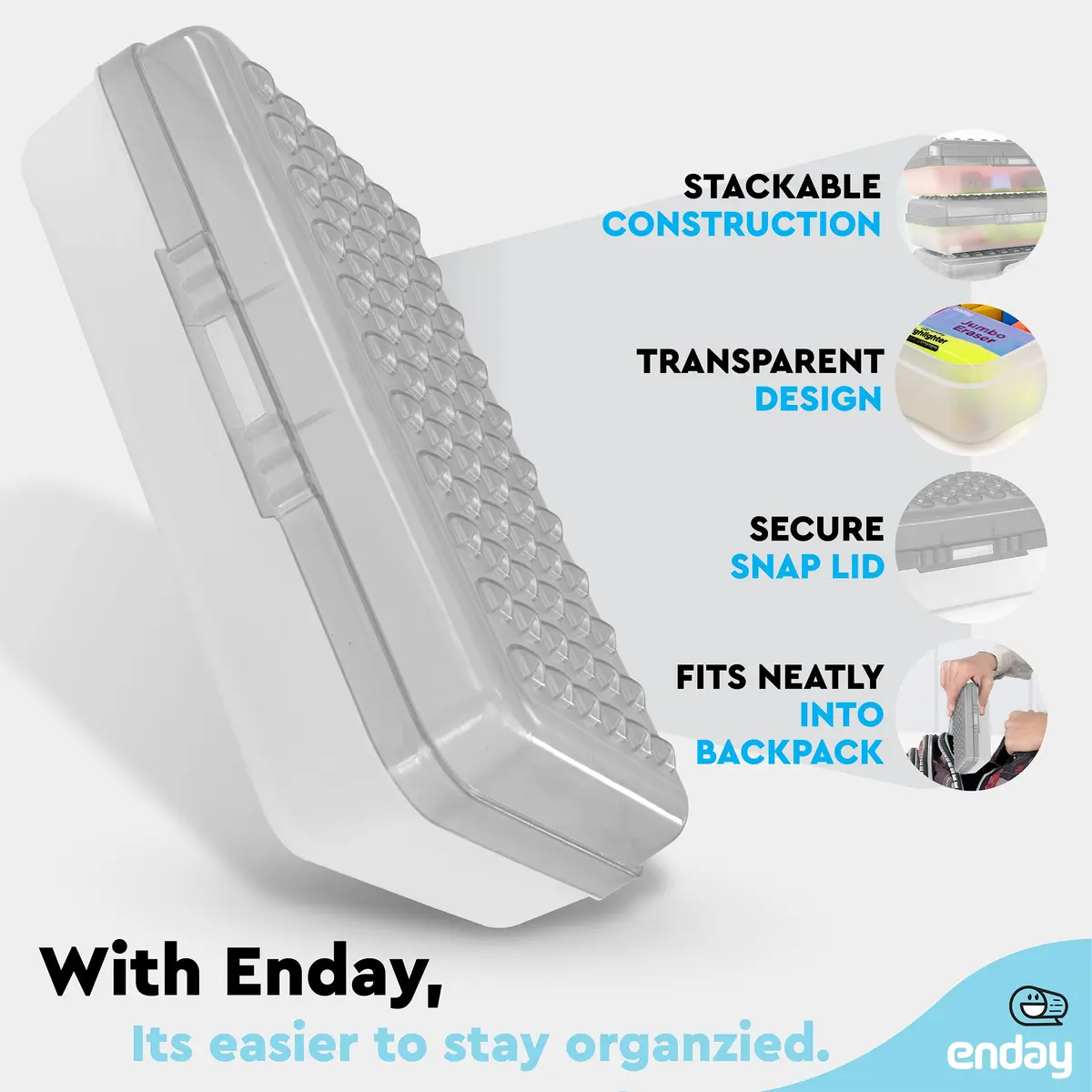 Enday Stackable Pencil Box Grey, Plastic Small Dots Pencil Case 20.9cm (8.25") | Organizer for Kids & Adults - view 3