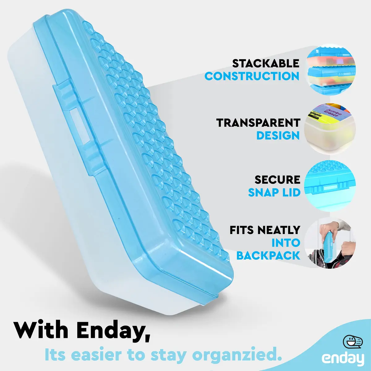 Enday Stackable Pencil Box Blue, Plastic Small Dots Pencil Case 20.9cm (8.25") | Organizer with Snap Closure for Kids & Adults - view 3