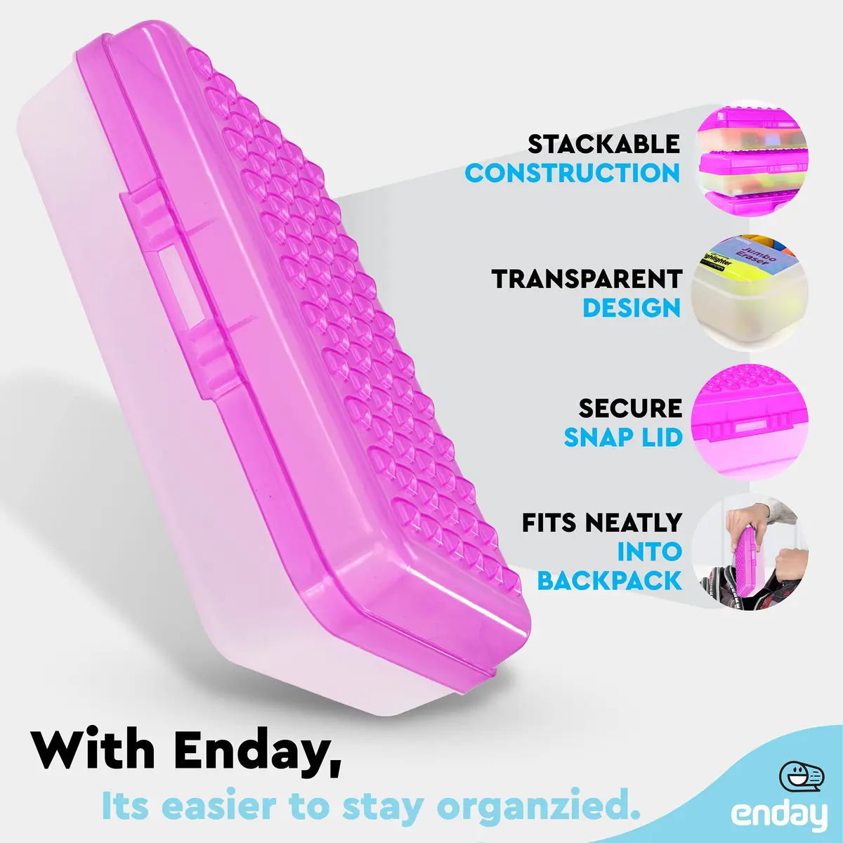 Enday Stackable Pencil Box Purple, Plastic Small Dots Pencil Case 21.5cm (8.25") | Organizer with Snap Closure for Kids & Adults - view 3
