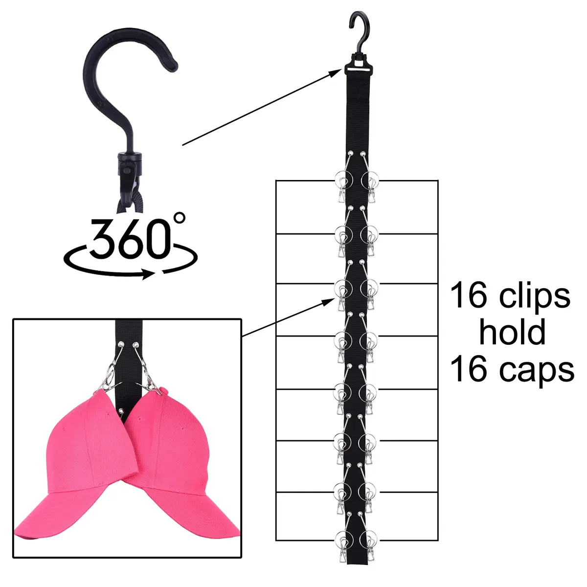 LEVOSHUA Hanging Cap Organizer 16 Baseball Cap Rack Holder | Stores 16 Hats - view 2