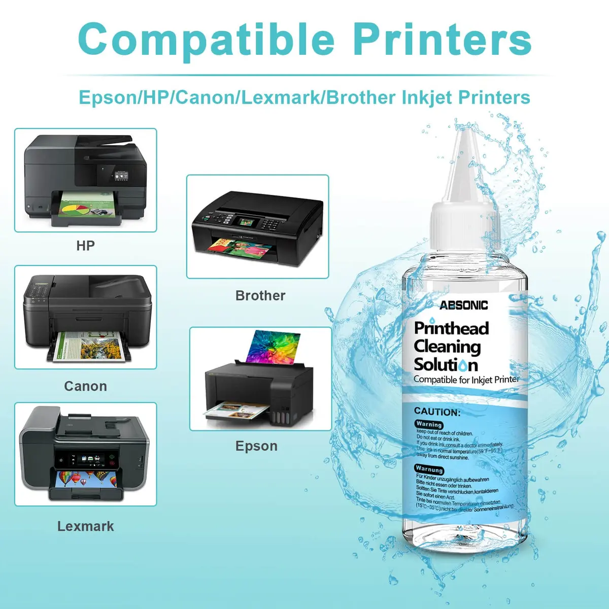 Absonic Inkjet Printer Cleaning Kit 100mL | Universal Printhead Nozzle Cleaner for Epson, HP, Canon - view 3