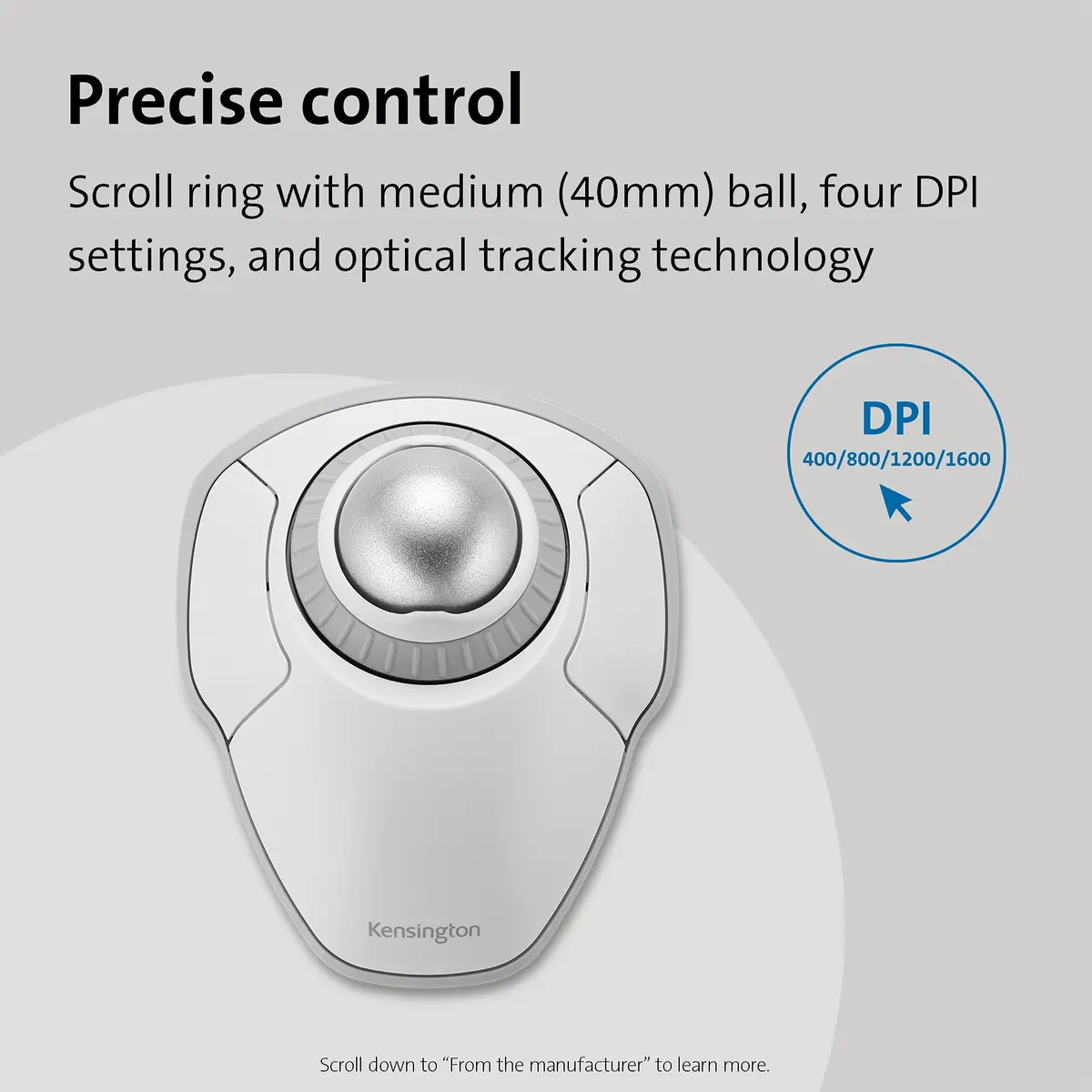 Kensington Orbit Wireless Trackball with Scroll Ring - White (K70991WW) | Ambidextrous, 4 DPI, Bluetooth & 2.4 GHz - view 3