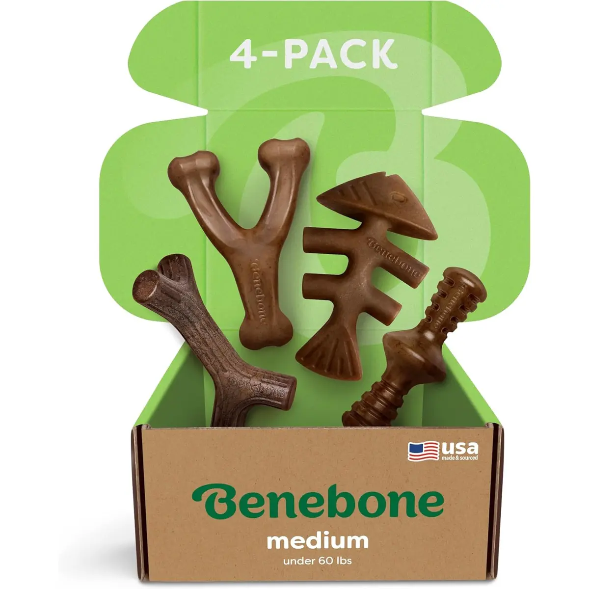 Benebone Medium 4-Pack Dog Chew Toys for Aggressive Chewers Under 60 lbs | Real Bacon Flavor - main product image