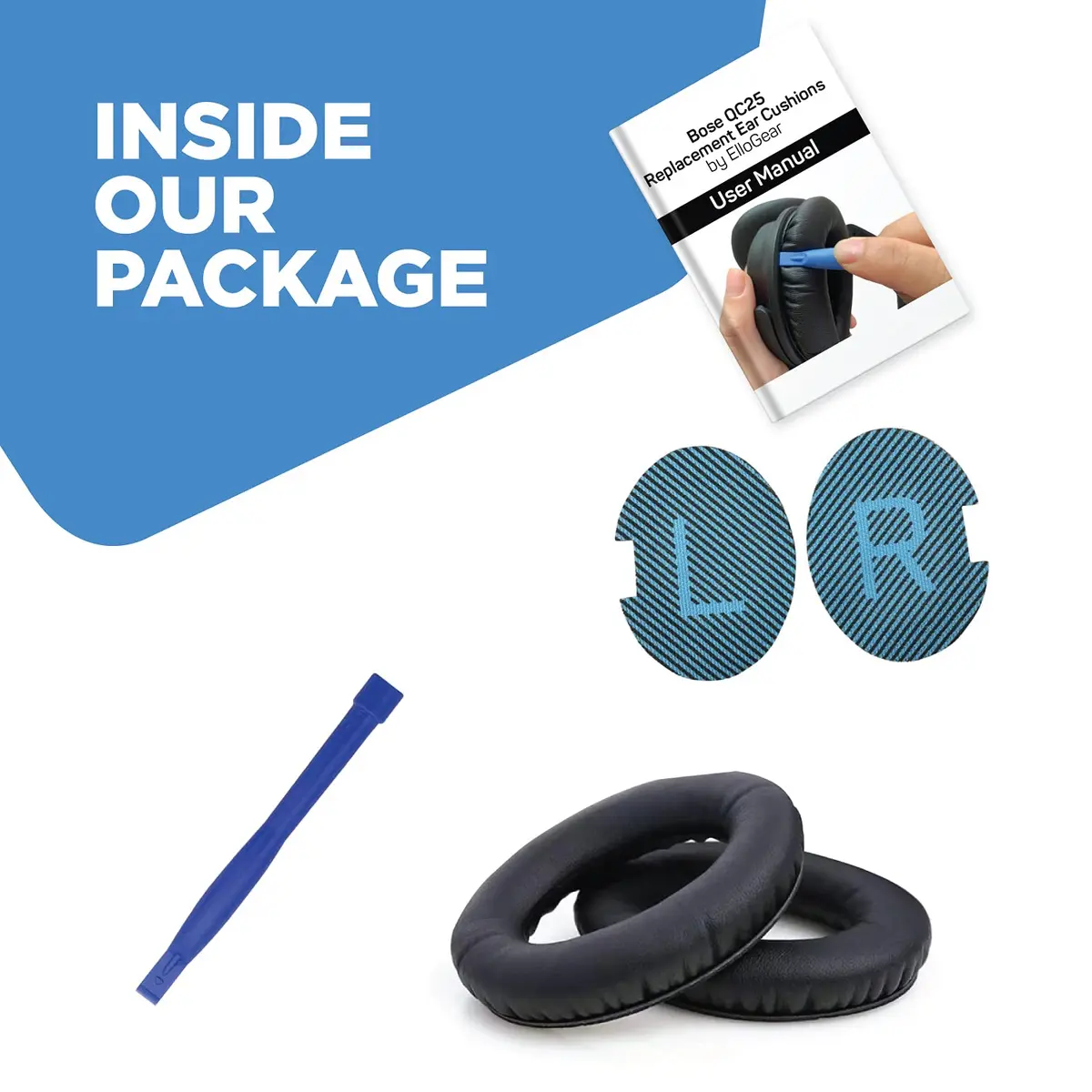 ElloGear Blue Headphone Ear Pad Replacement for Bose QC25 & More | Premium Leather & Memory Foam (1 Pack) - view 3