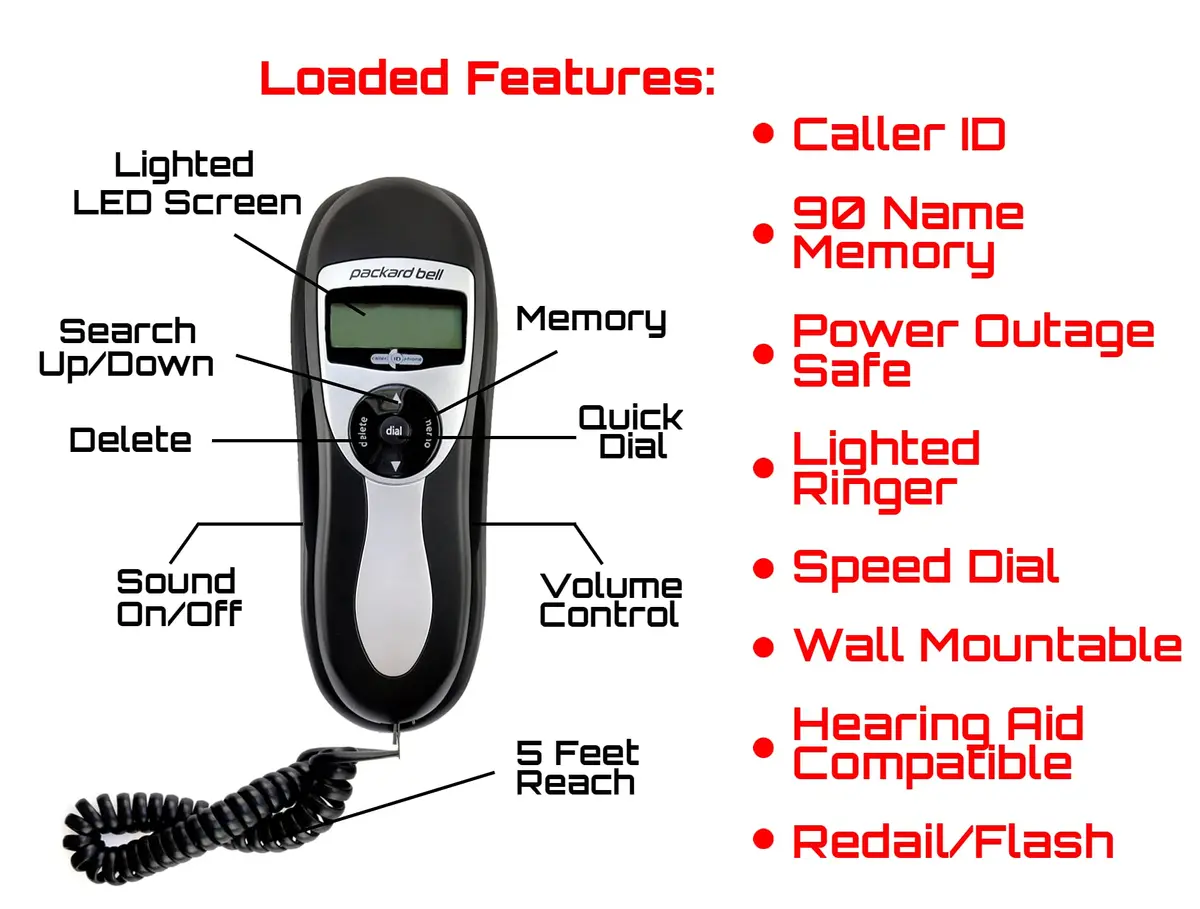 Packard Bell Corded Landline Phone Slimline Handset Works in Power Outages | Wall Mountable Black - view 3