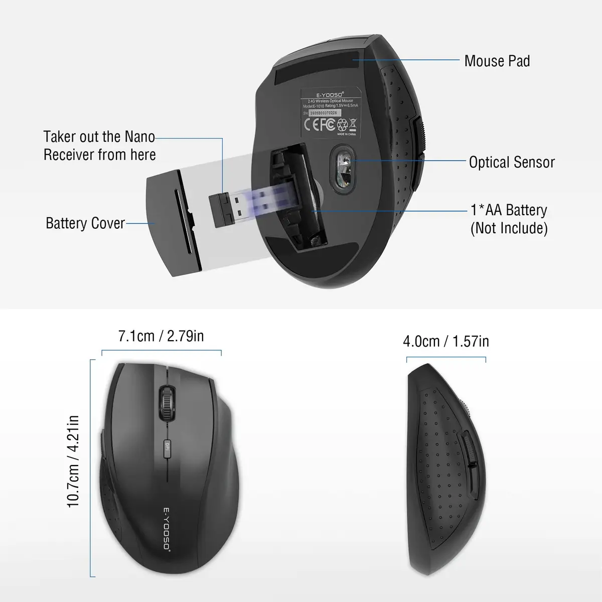 E-YOOSO Wireless Mouse for Laptop | 5-Level 4800 DPI, 18 Months Battery Life, Cordless 2.4GHz, Black - view 6