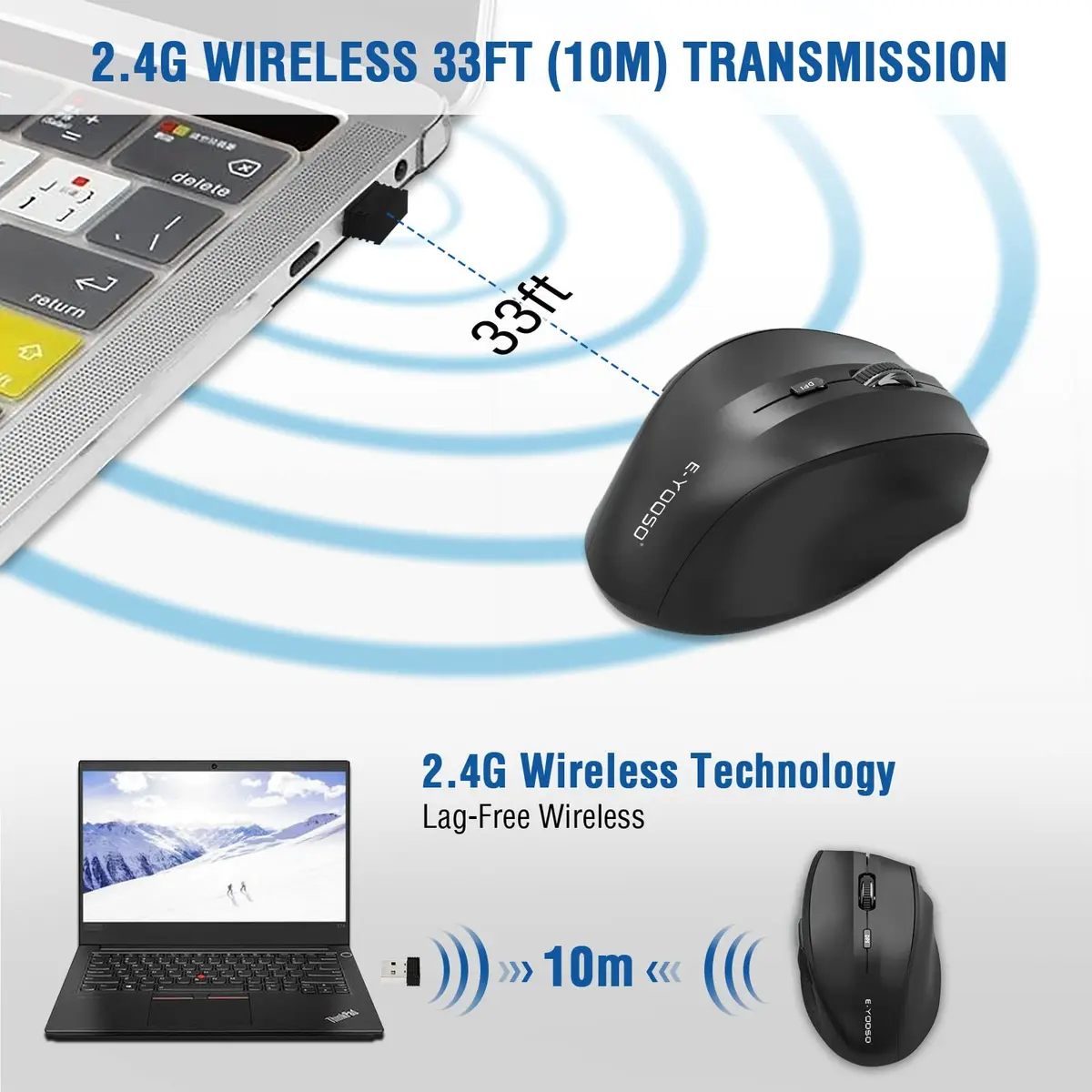 E-YOOSO Wireless Mouse for Laptop | 5-Level 4800 DPI, 18 Months Battery Life, Cordless 2.4GHz, Black - view 3