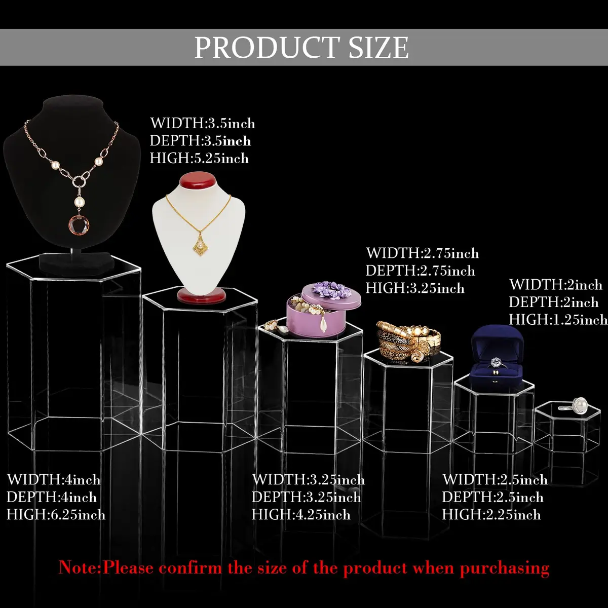 Jetec Clear Acrylic Hexagonal Jewelry Display Risers (Set of 6, Different Sizes) | Organize & Showcase Collections - view 2