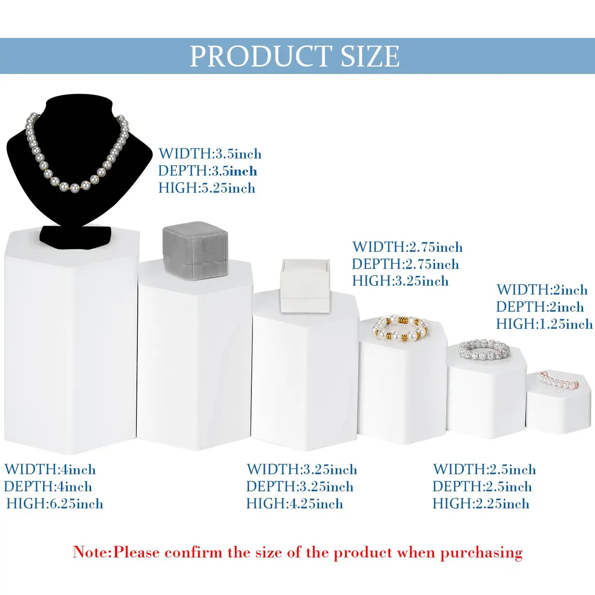 Jetec White Hexagonal Jewelry Display Risers Acrylic Stands Set of 6 | Classic Elegant Design for Home & Retail - view 2