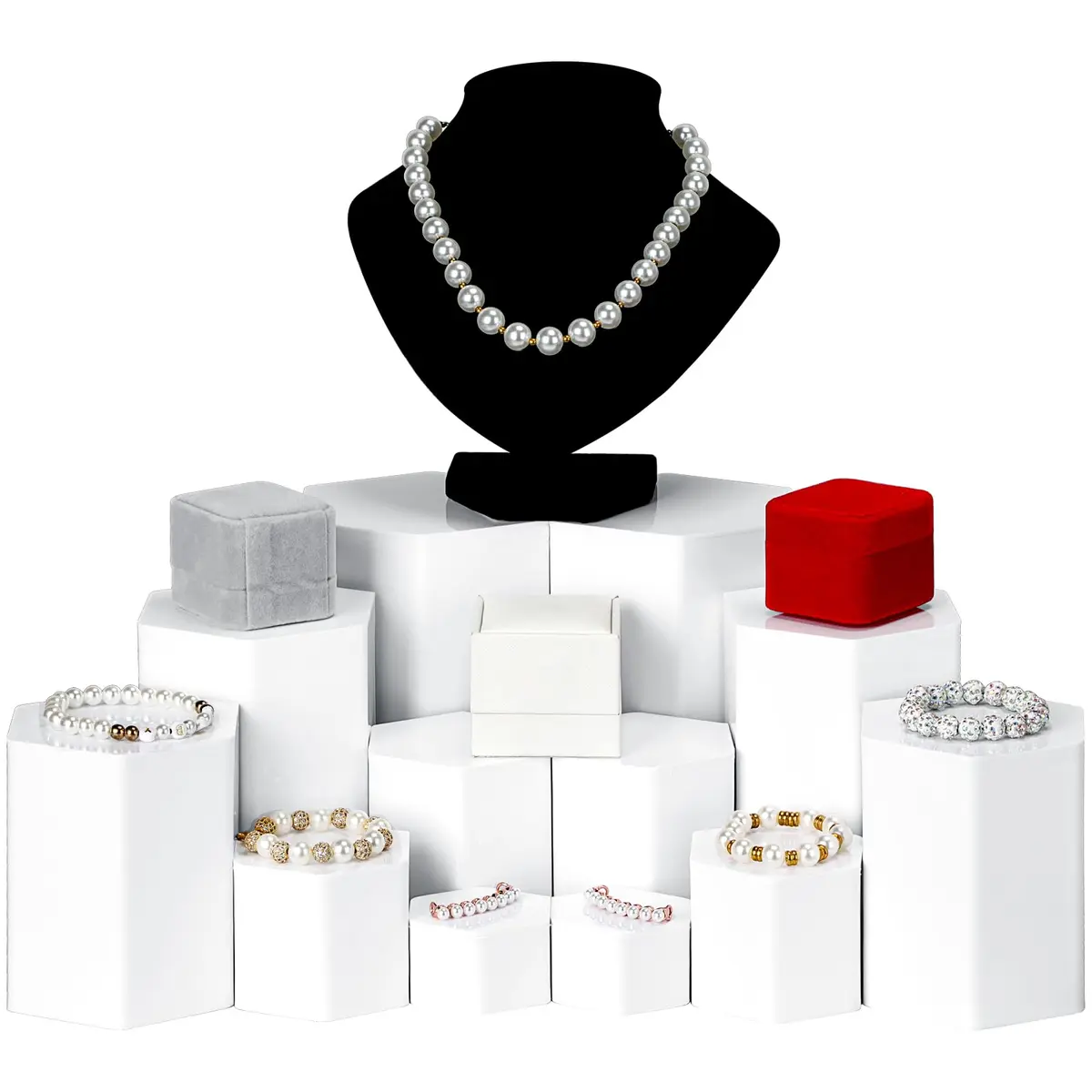 Jetec White Hexagonal Jewelry Display Risers Acrylic Stands Set of 6 | Classic Elegant Design for Home & Retail - view 4