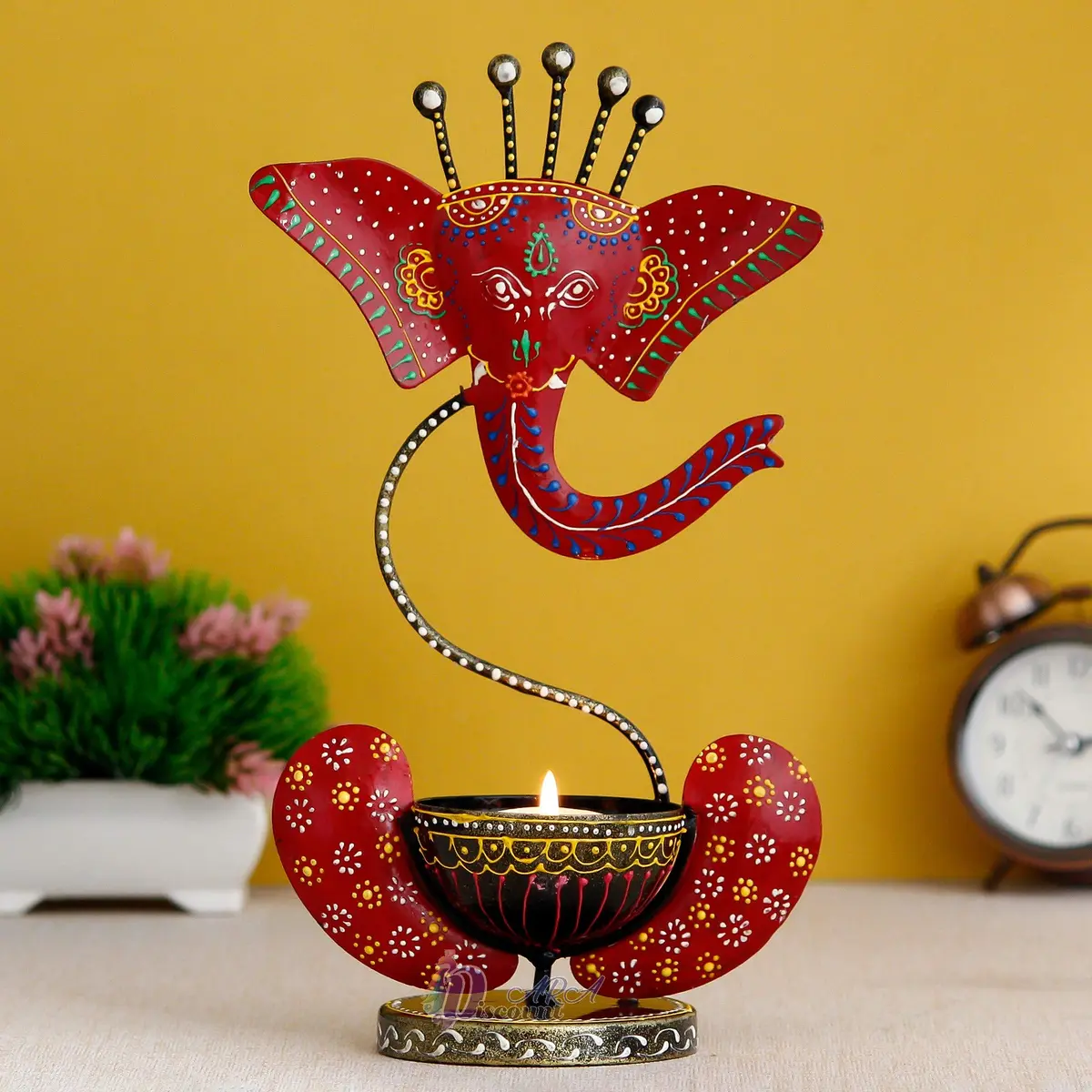 Discount ARA Ganesha Red Iron Tealight Candle Holder 28cm (11") | Handcrafted & Hand-painted for Home & Pooja - main product image