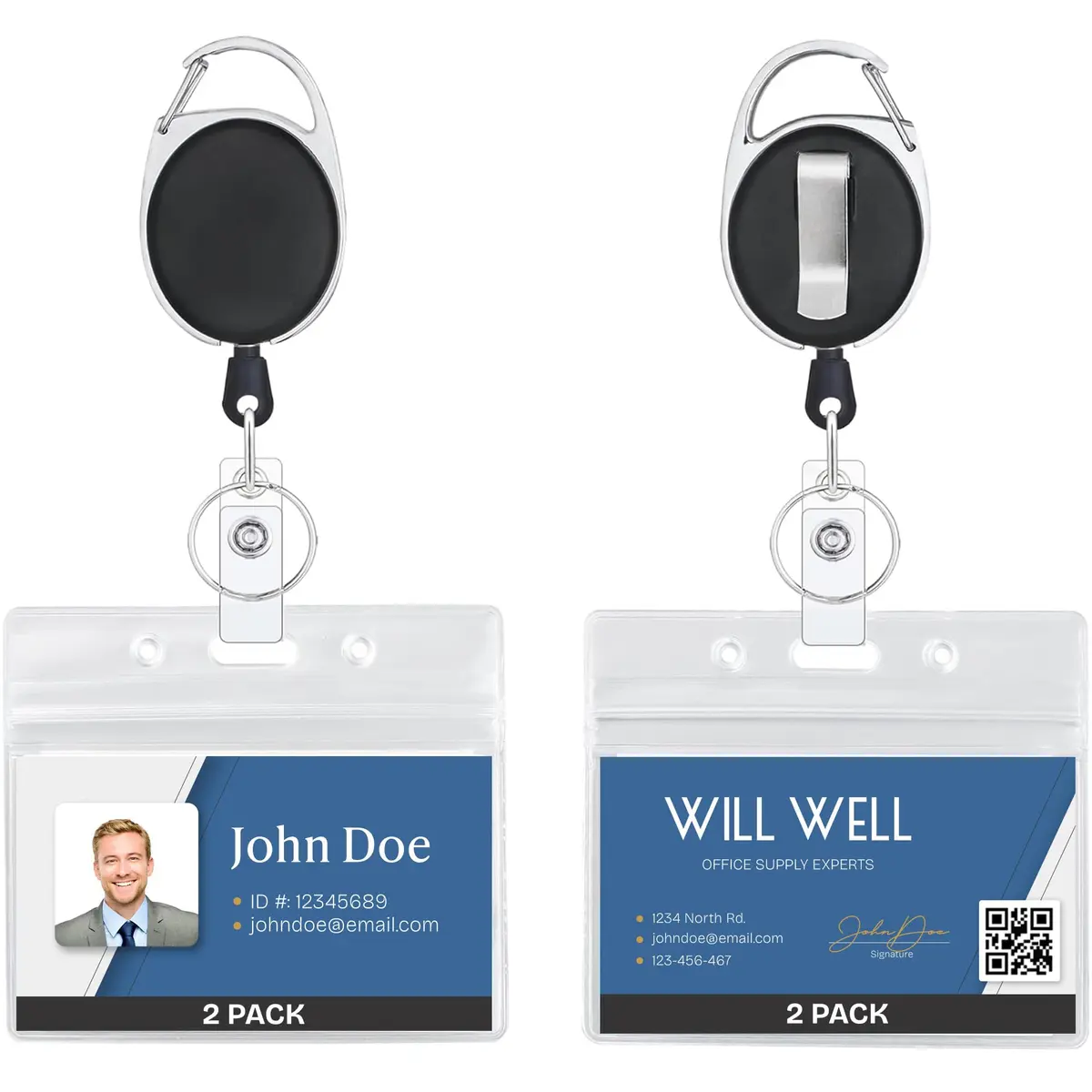Will Well Durable ID Badge Holder Retractable 2 Pack - Horizontal - Black | Heavy Duty, 3.5oz capacity, 24" UHMWPE cord - main product image