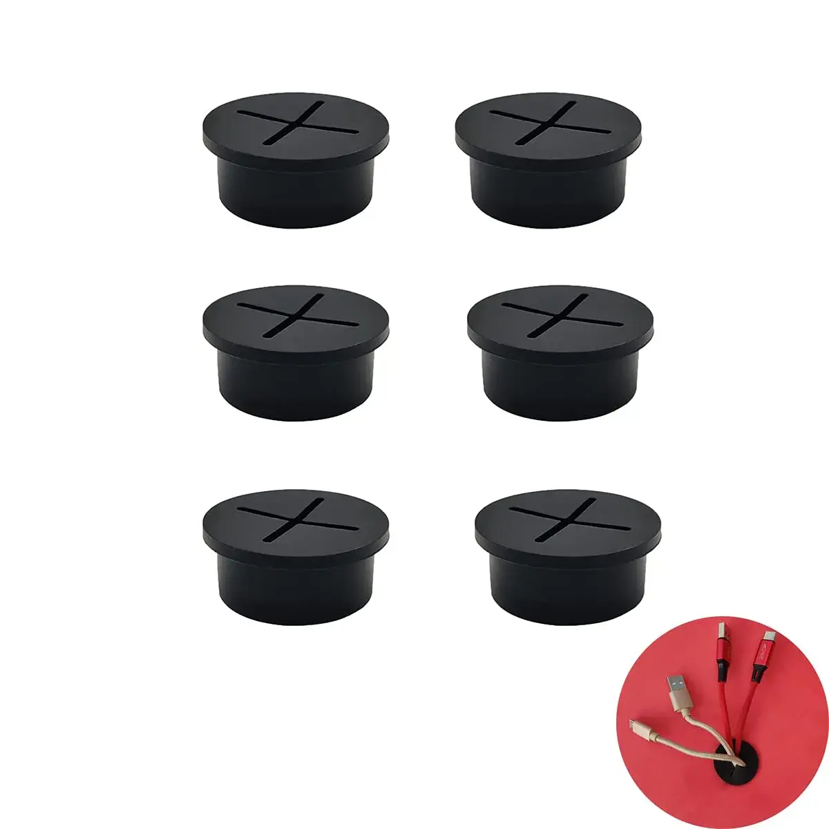 ZYYC 6 Pcs 1 Inch Black Rubber Cable Cord Grommets | Organize Desks & Cover Holes - main product image