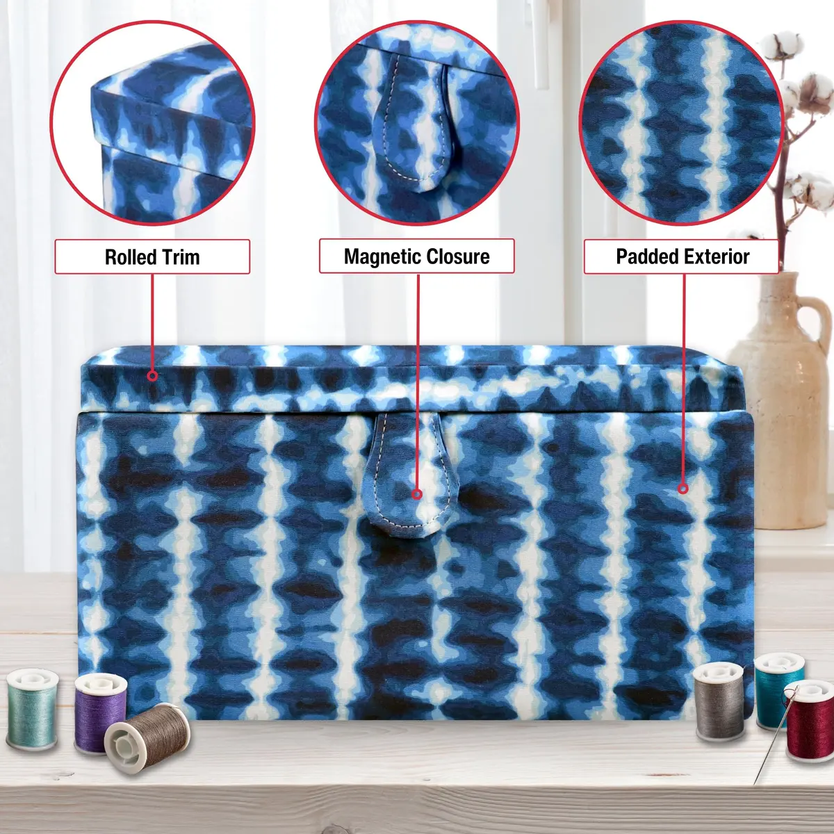 SINGER Large Sewing Basket with Notions & Matching Pin Cushion | Modern Blue Tie Dye Design, 11.75in x 8in x 6in - view 5