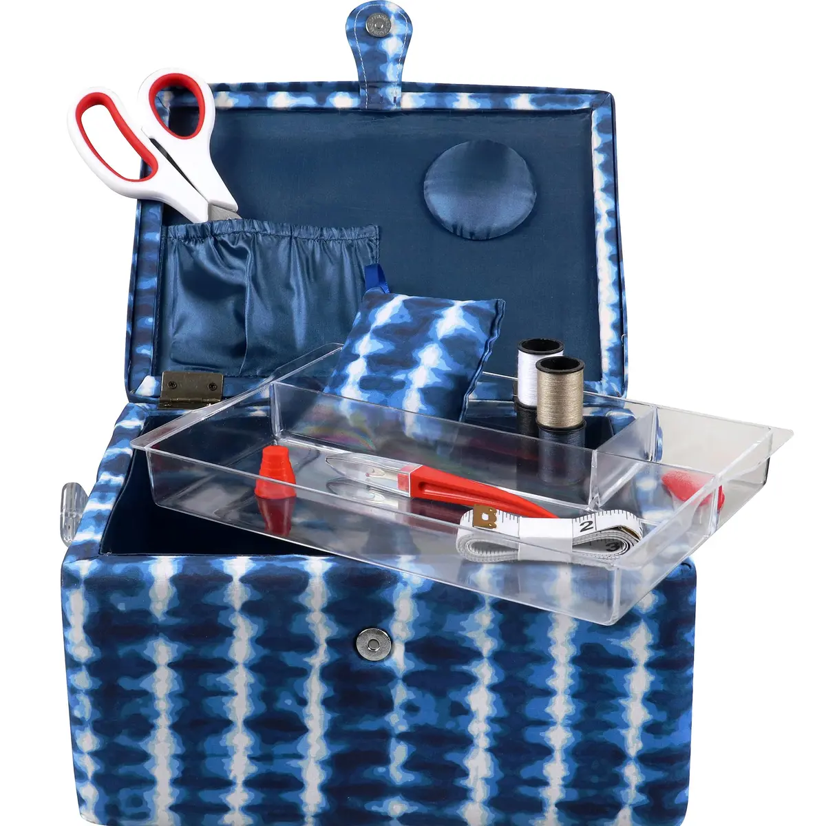 SINGER Large Sewing Basket with Notions & Matching Pin Cushion | Modern Blue Tie Dye Design, 11.75in x 8in x 6in - view 7