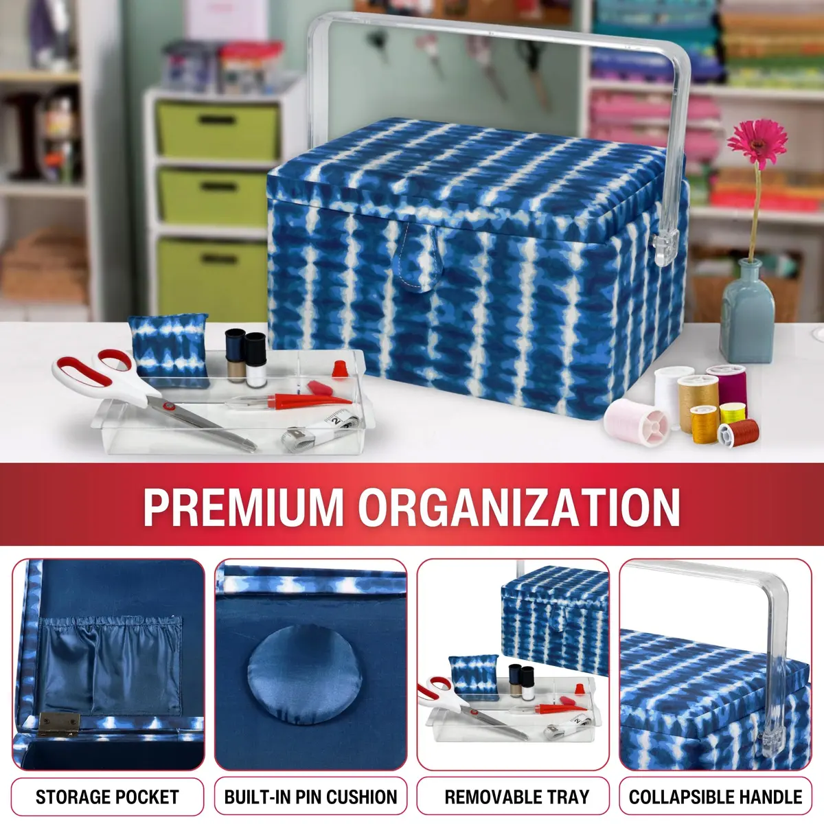 SINGER Large Sewing Basket with Notions & Matching Pin Cushion | Modern Blue Tie Dye Design, 11.75in x 8in x 6in - view 2