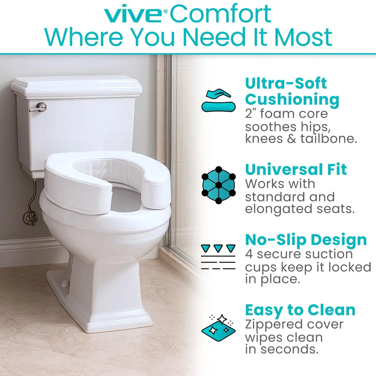 Vive Toilet Seat Cushion with 4" Foam Core - Fits Standard & Elongated Seats | Padded Comfort Riser - view 3