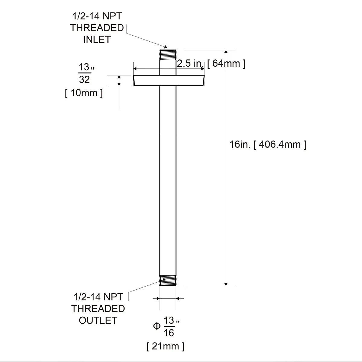 OFFO 16 inch (40.46cm) Brushed Nickel Ceiling Mount Shower Arm with Flange | Straight Rain Shower Extension - view 7