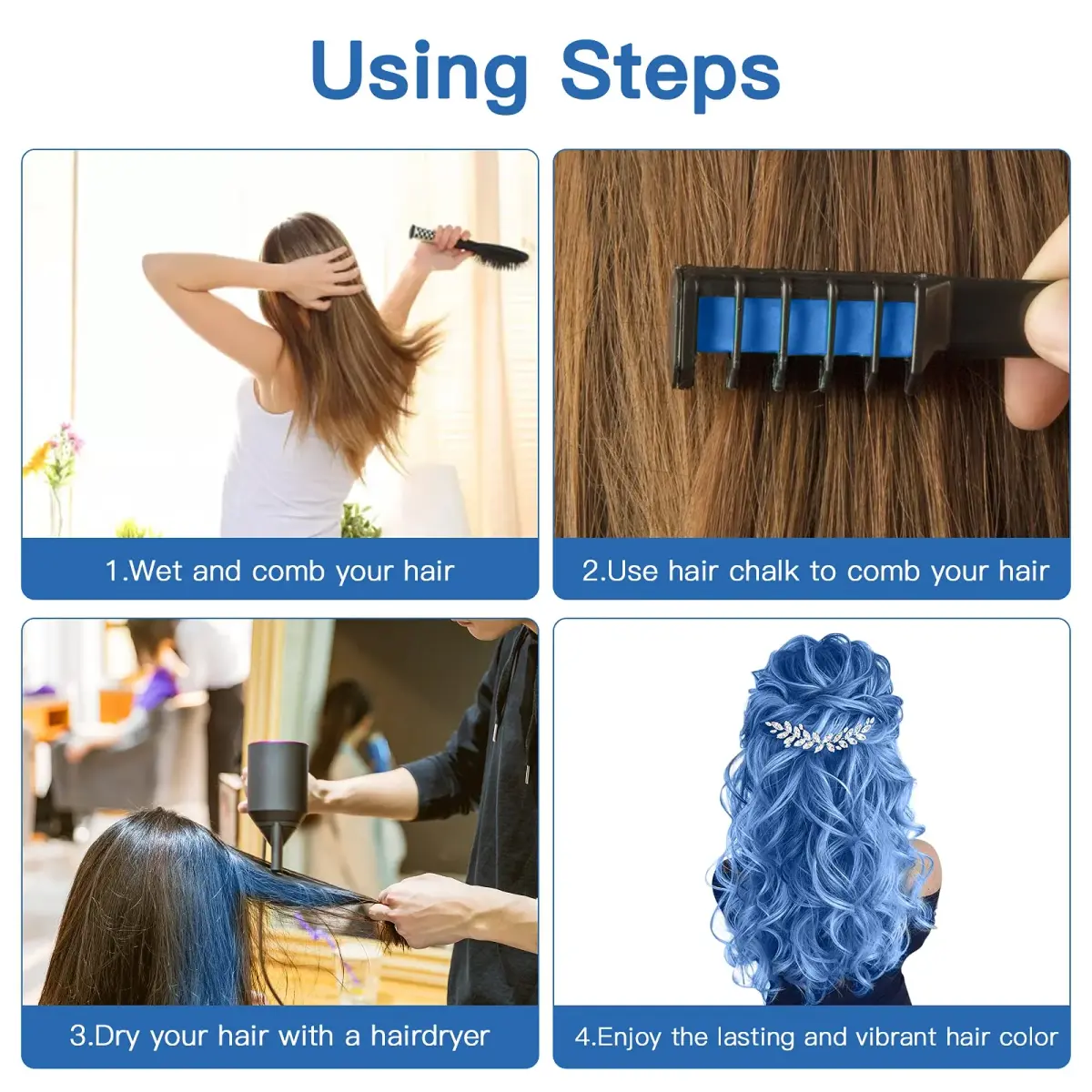 MSDADA Blue Hair Chalk Comb 6 Pcs | Temporary Washable Hair Color for Kids, Glitter Effect - view 4