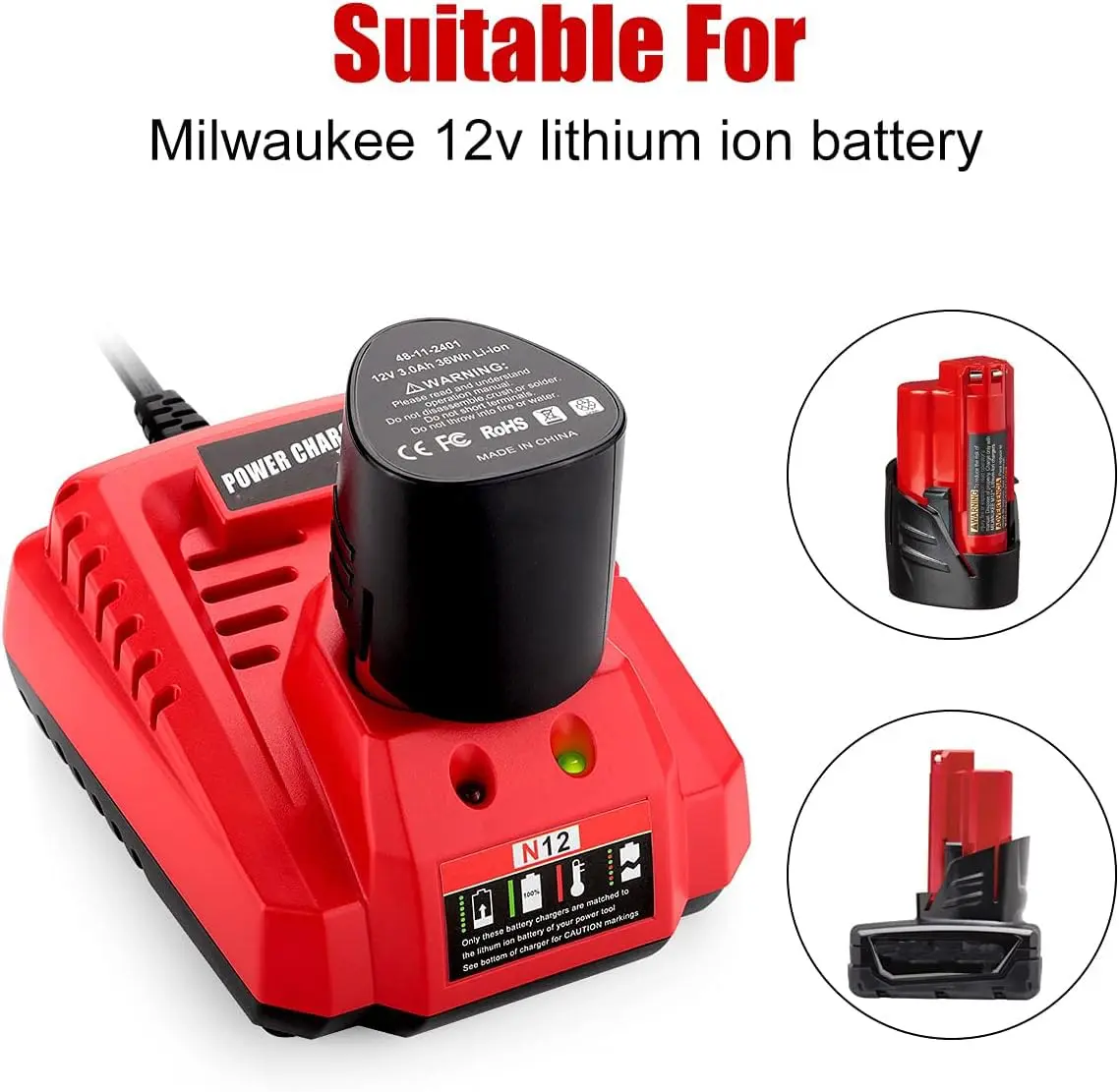 Ahomtikk 12V Single Port Rapid Battery Charger | Fast Charging for Milwaukee 12V Lithium-Ion Batteries (100-240V Input) - view 2