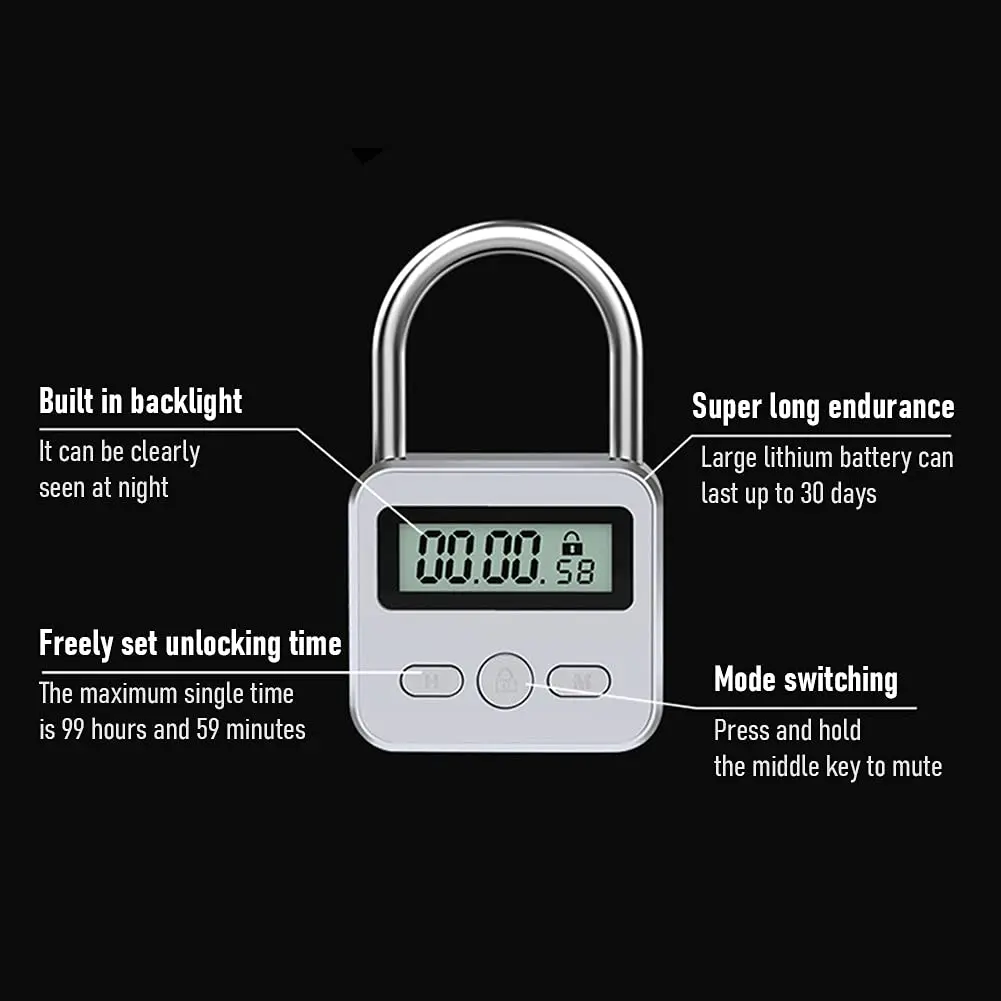 Tookie Metal Timer Lock with LCD Display, 99 Hours Max Timing, USB Rechargeable | Silver - view 3
