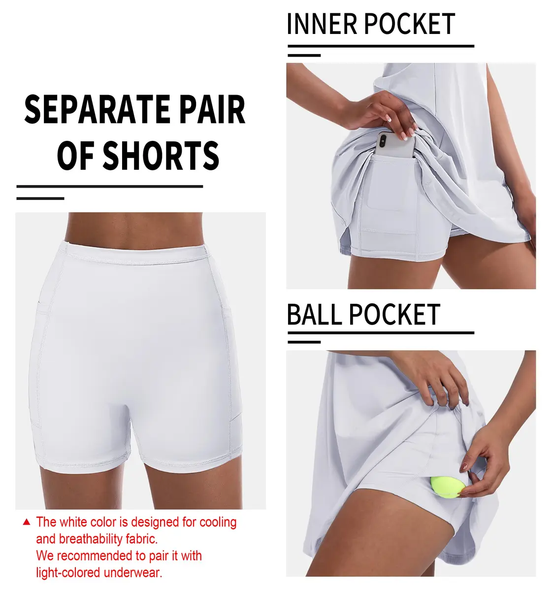 CUGOAO Women's Tennis Dress with Inner Shorts & Pockets - White, Medium | Breathable & Sweat-Wicking Athletic Dress - view 4
