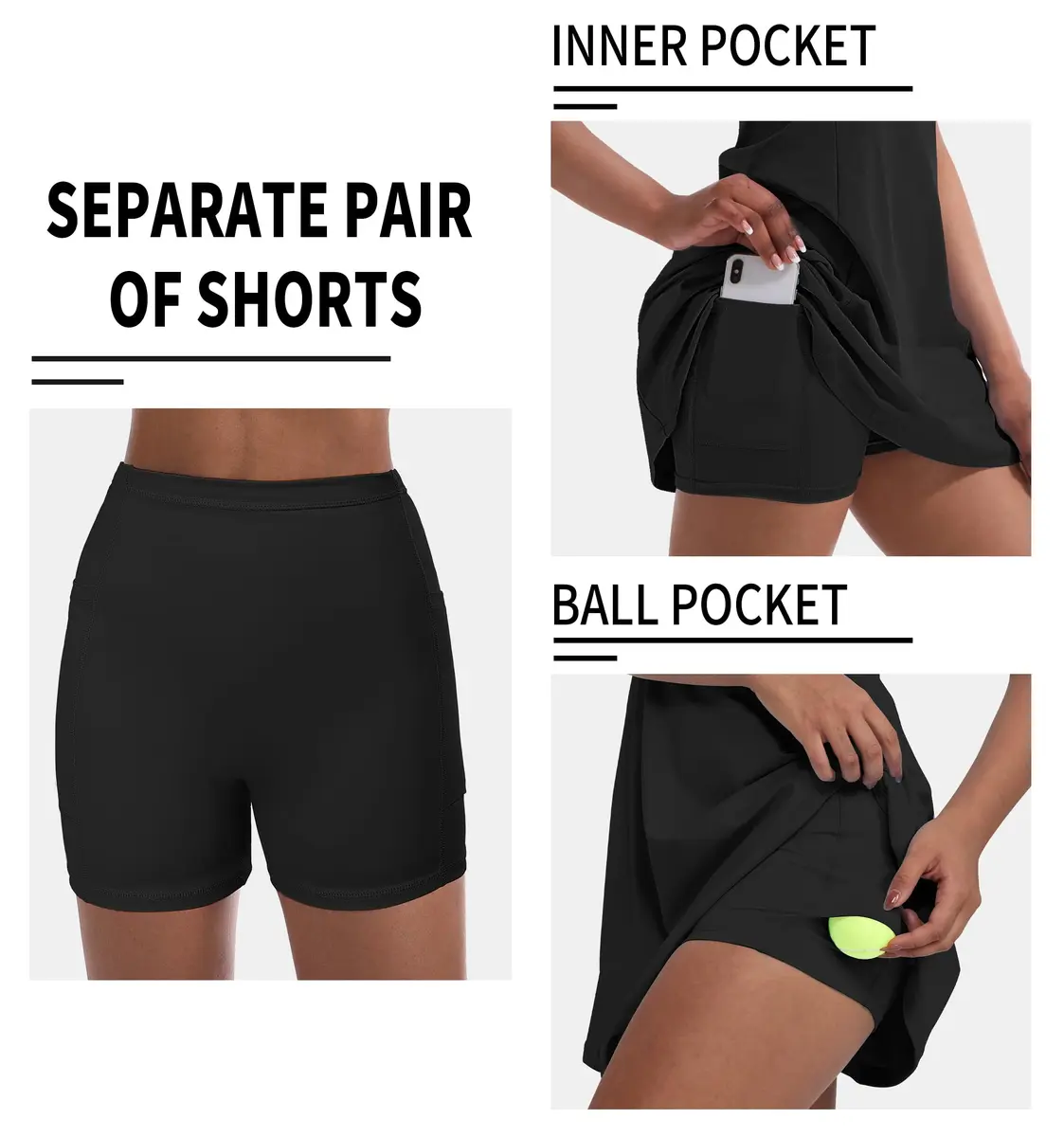 CUGOAO Women's Tennis Dress with Inner Shorts & Pockets | Black, XL (100cm Chest, 85cm Waist) - view 4