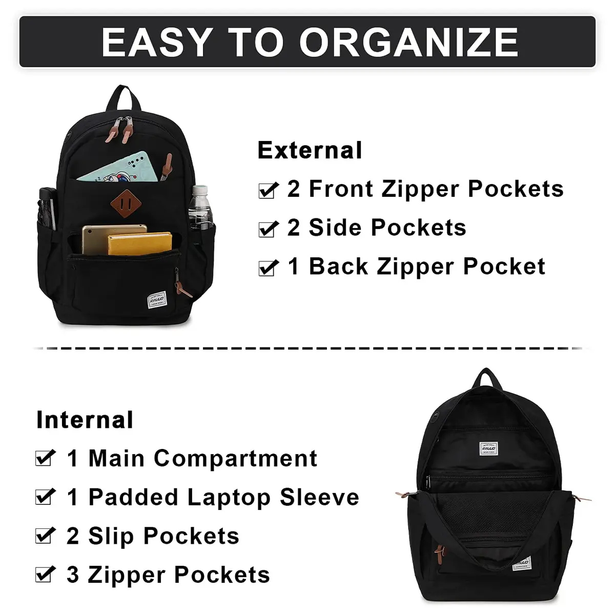 RAVUO School Backpack 15.6" Laptop Daypack for Teen Boys Girls Men Women | Water-Resistant, Anti-Theft, 10 Pockets - view 6