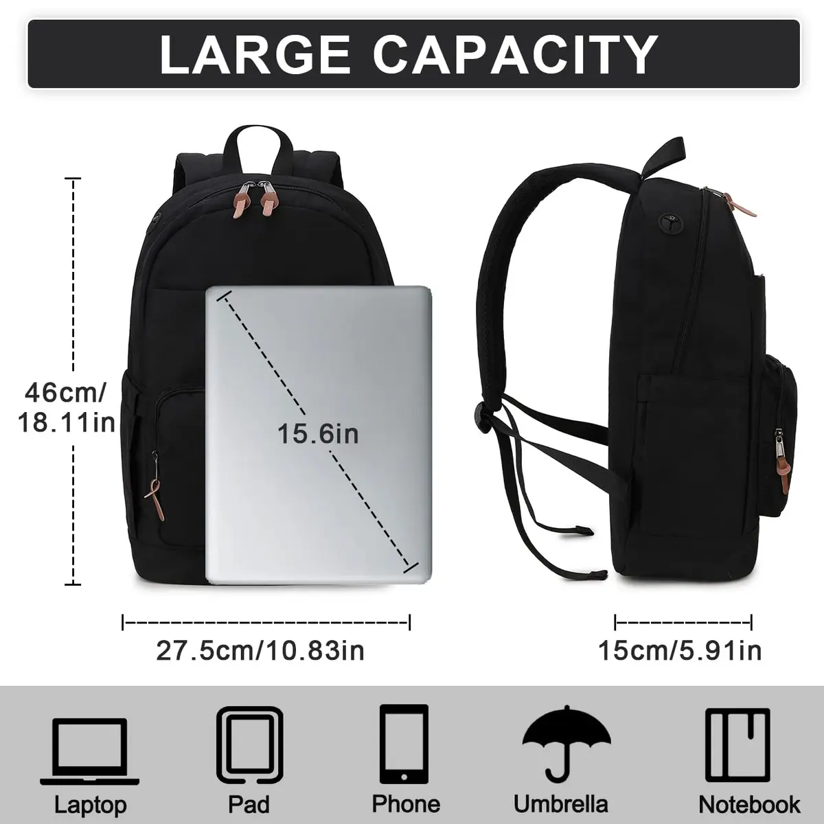 RAVUO School Backpack 15.6" Laptop Daypack for Teen Boys Girls Men Women | Water-Resistant, Anti-Theft, 10 Pockets - view 2