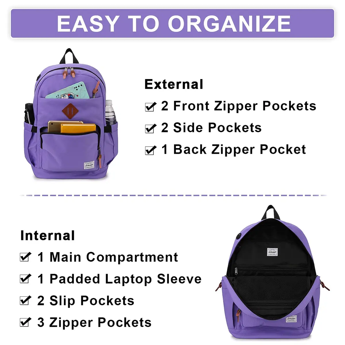 RAVUO School Backpack 19L Water Resistant 15.6" Laptop Bookbag with Anti Theft Back Pocket, Purple - view 6