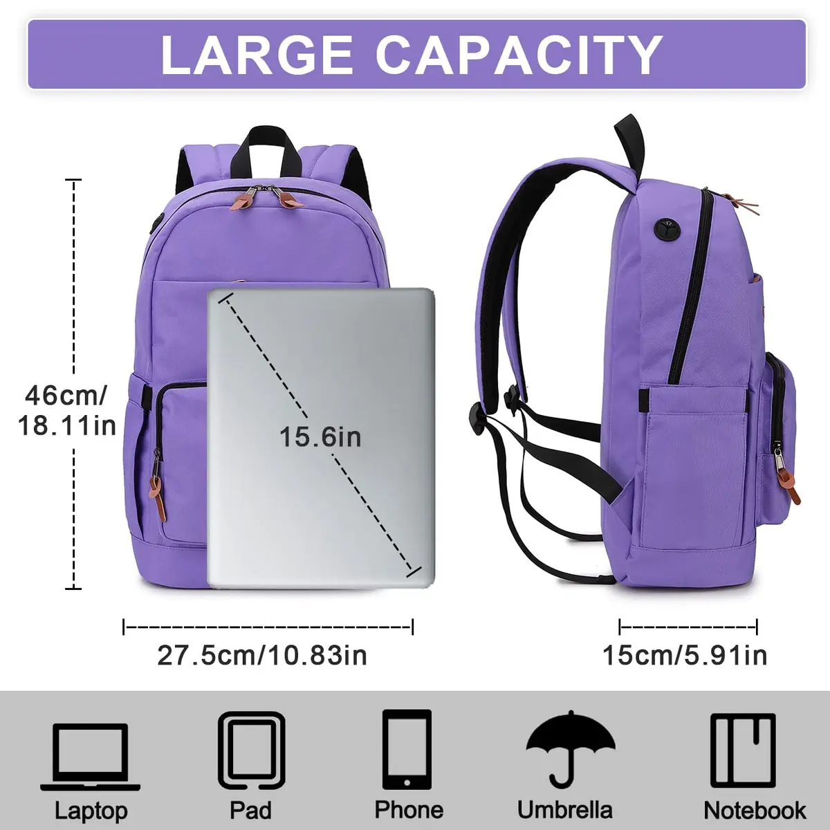 RAVUO School Backpack 19L Water Resistant 15.6" Laptop Bookbag with Anti Theft Back Pocket, Purple - view 2