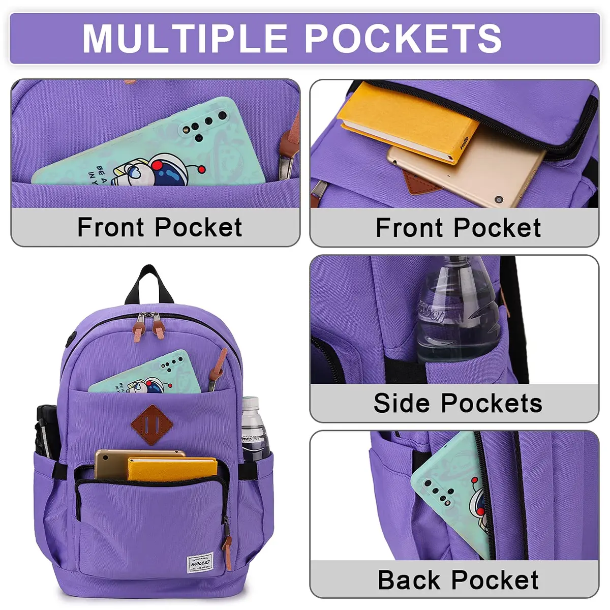 RAVUO School Backpack 19L Water Resistant 15.6" Laptop Bookbag with Anti Theft Back Pocket, Purple - view 4