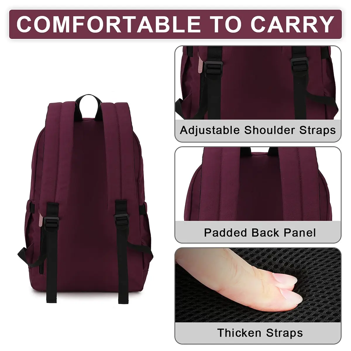 RAVUO School Backpack 19L Water Resistant 15.6" Laptop Bookbag with Anti Theft Back Pocket, Burgundy | 10 Pockets for Teen & Adult Use - view 5