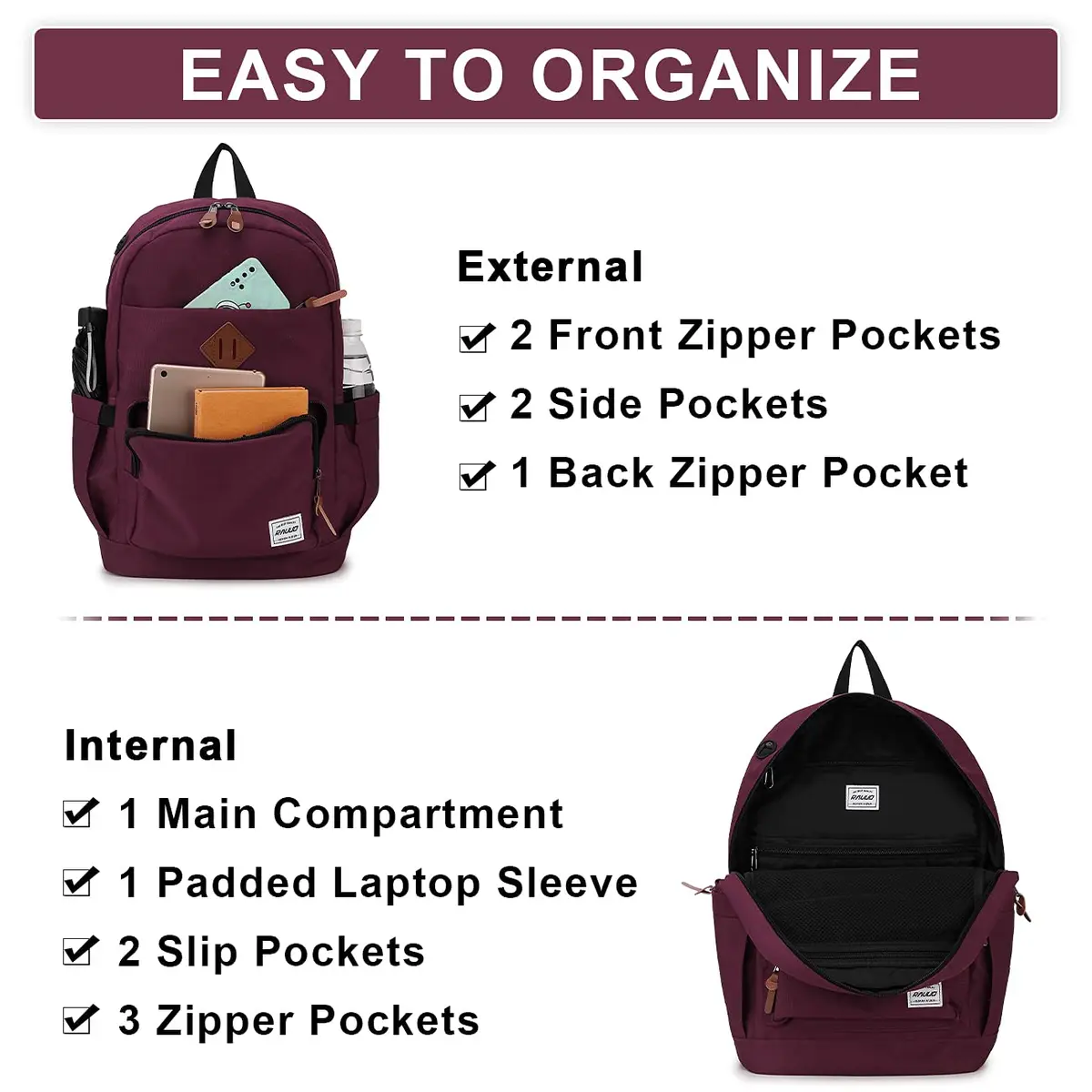 RAVUO School Backpack 19L Water Resistant 15.6" Laptop Bookbag with Anti Theft Back Pocket, Burgundy | 10 Pockets for Teen & Adult Use - view 6