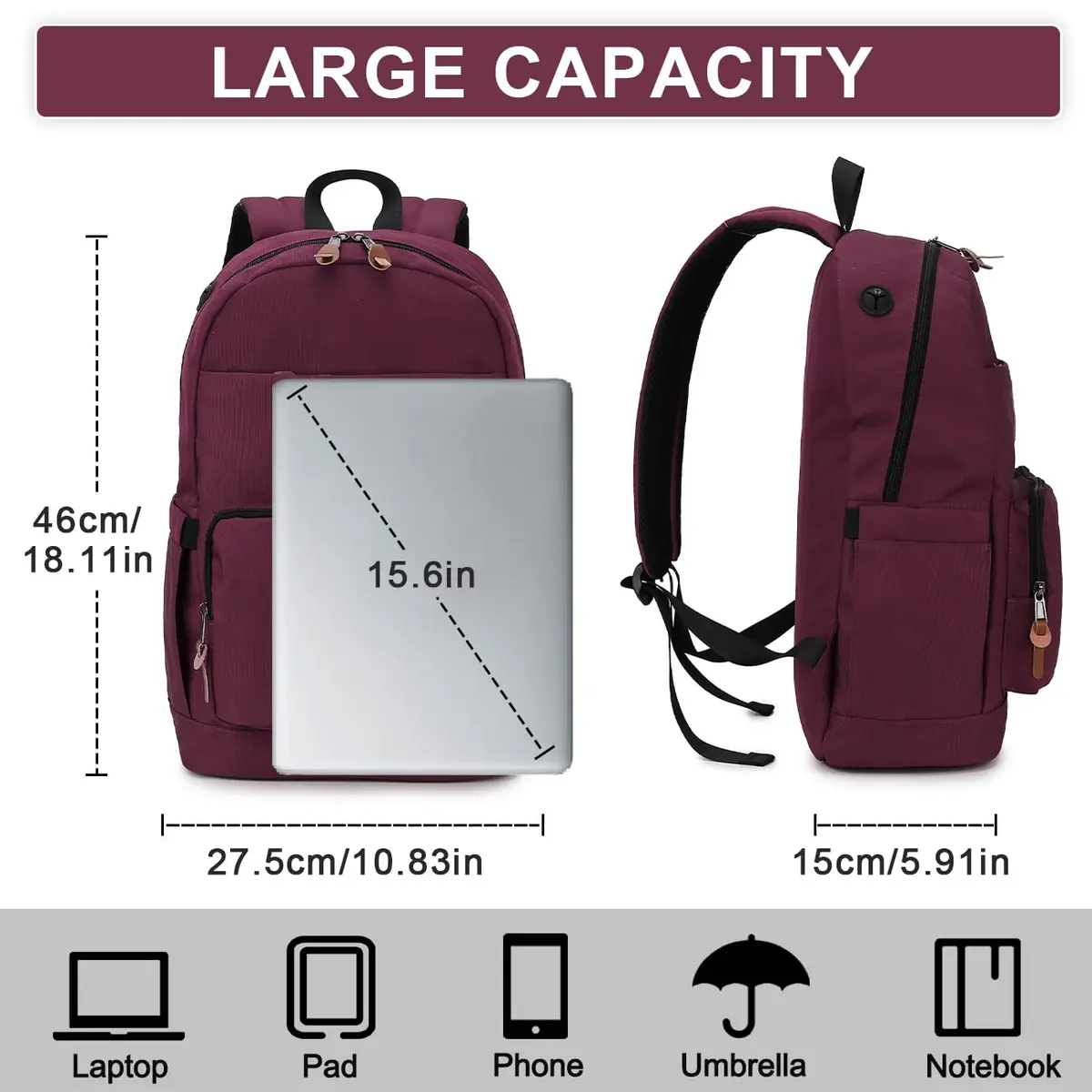 RAVUO School Backpack 19L Water Resistant 15.6" Laptop Bookbag with Anti Theft Back Pocket, Burgundy | 10 Pockets for Teen & Adult Use - view 2