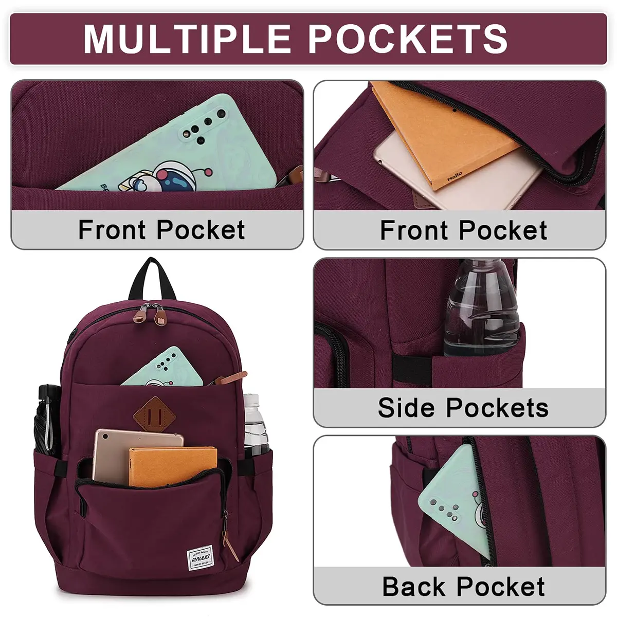 RAVUO School Backpack 19L Water Resistant 15.6" Laptop Bookbag with Anti Theft Back Pocket, Burgundy | 10 Pockets for Teen & Adult Use - view 4