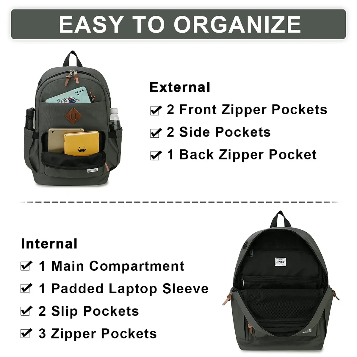 RAVUO School Backpack 19L Water Resistant 15.6" Laptop Bookbag with Anti Theft Back Pocket, Grey - view 6