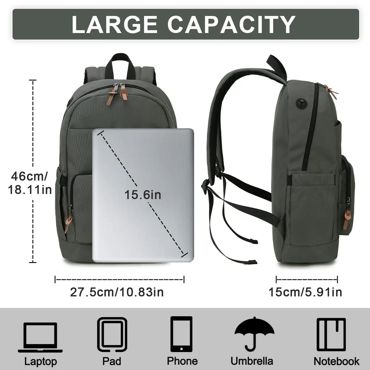 RAVUO School Backpack 19L Water Resistant 15.6" Laptop Bookbag with Anti Theft Back Pocket, Grey - view 2