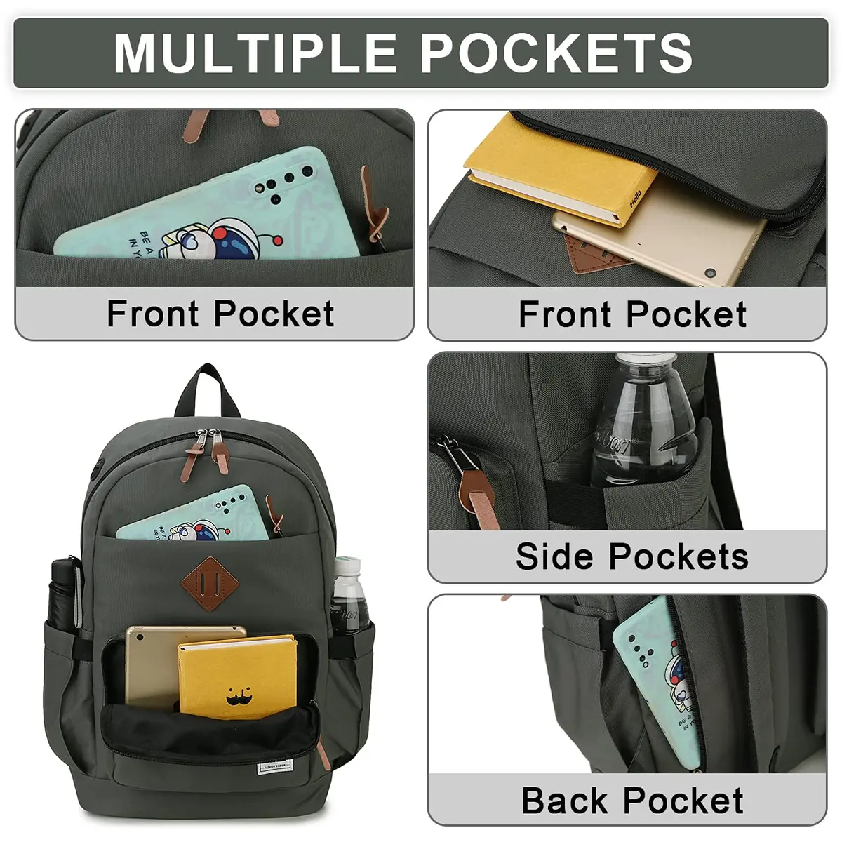 RAVUO School Backpack 19L Water Resistant 15.6" Laptop Bookbag with Anti Theft Back Pocket, Grey - view 4