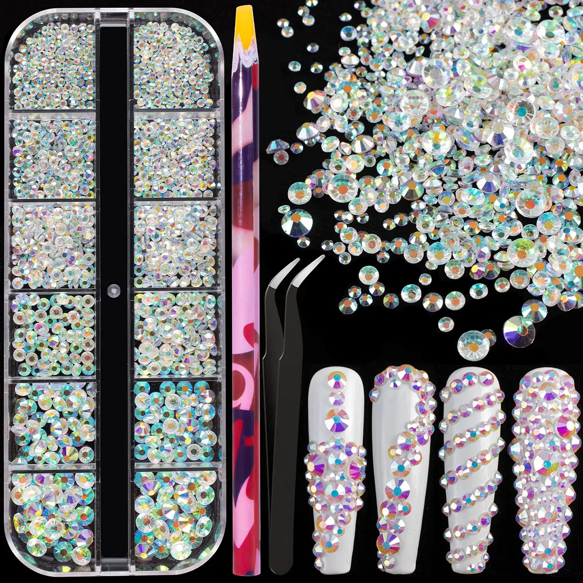 BELLEBOOST Nail Art Rhinestones Kit 6 Sizes Transparent AB Glass Round Beads 1720 PCS | Iridescent Shine for DIY Nail Art & Jewelry - main product image
