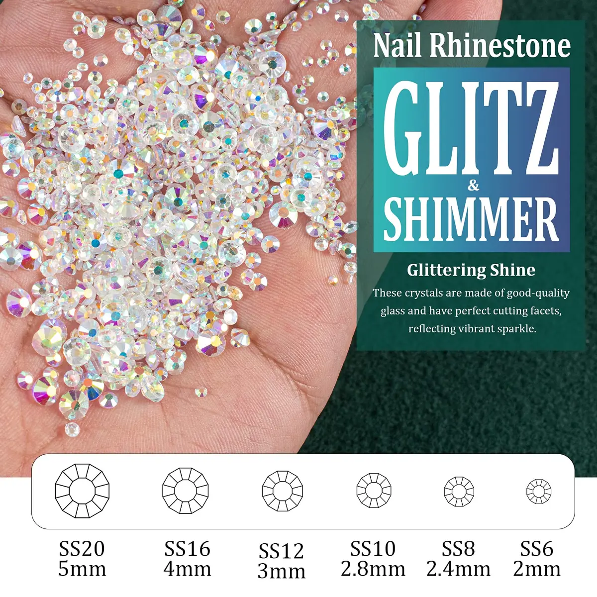 BELLEBOOST Nail Art Rhinestones Kit 6 Sizes Transparent AB Glass Round Beads 1720 PCS | Iridescent Shine for DIY Nail Art & Jewelry - view 3