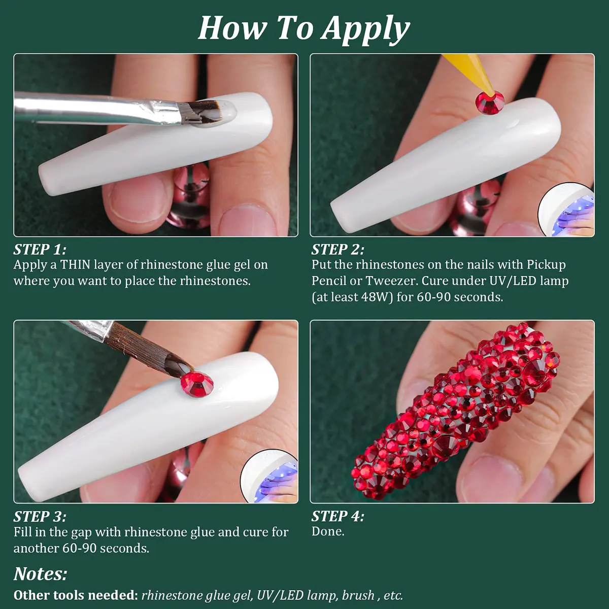 BELLEBOOST Nail Art Rhinestones Kit with Pickup Pen & Tweezer, 6 Sizes, Glass, Round, Red | Vibrant Shine for DIY & Professional Nails - view 7